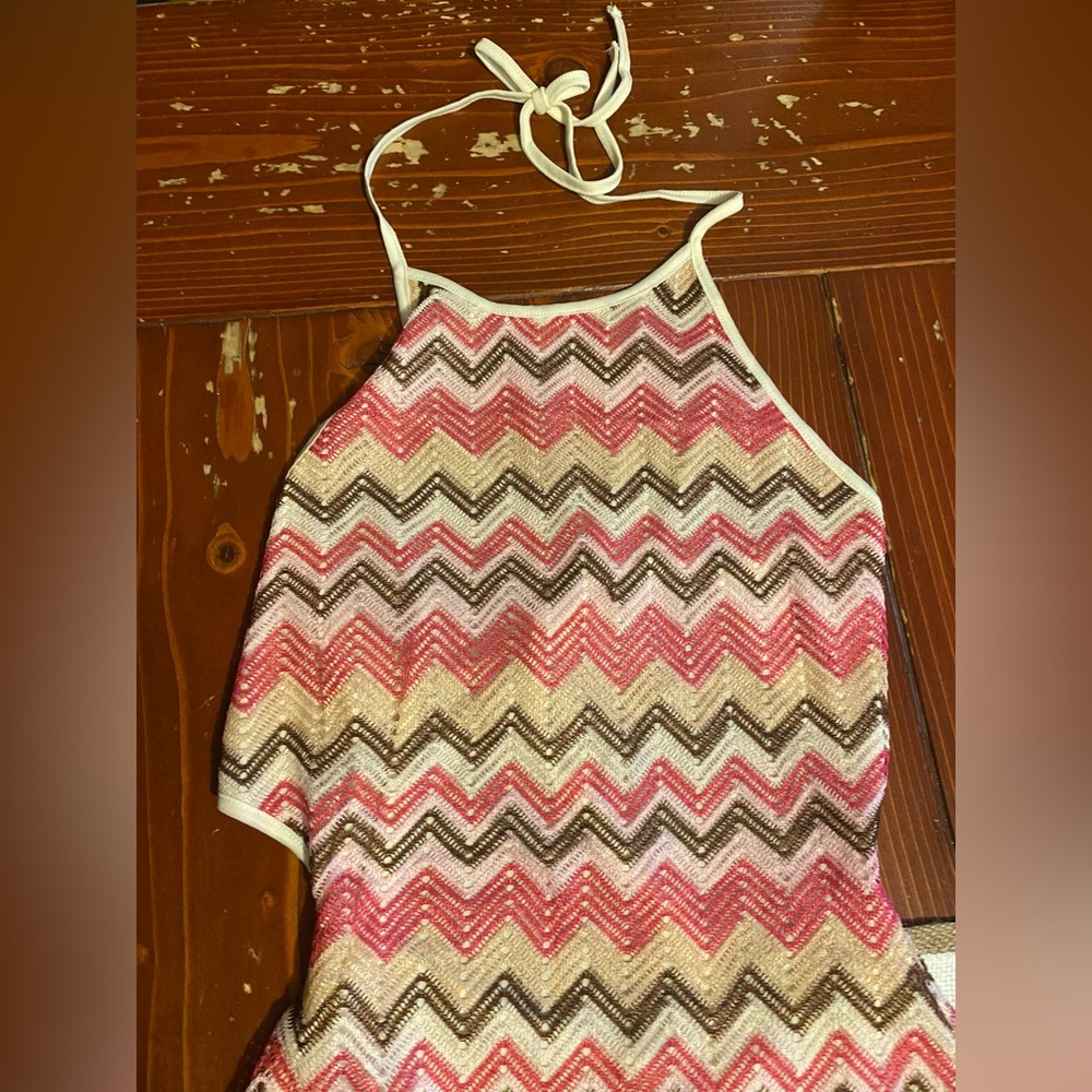 Open Knit Pink and White Chevron Pattern Halter Tie Maxi Dress - Picture 5 of 9